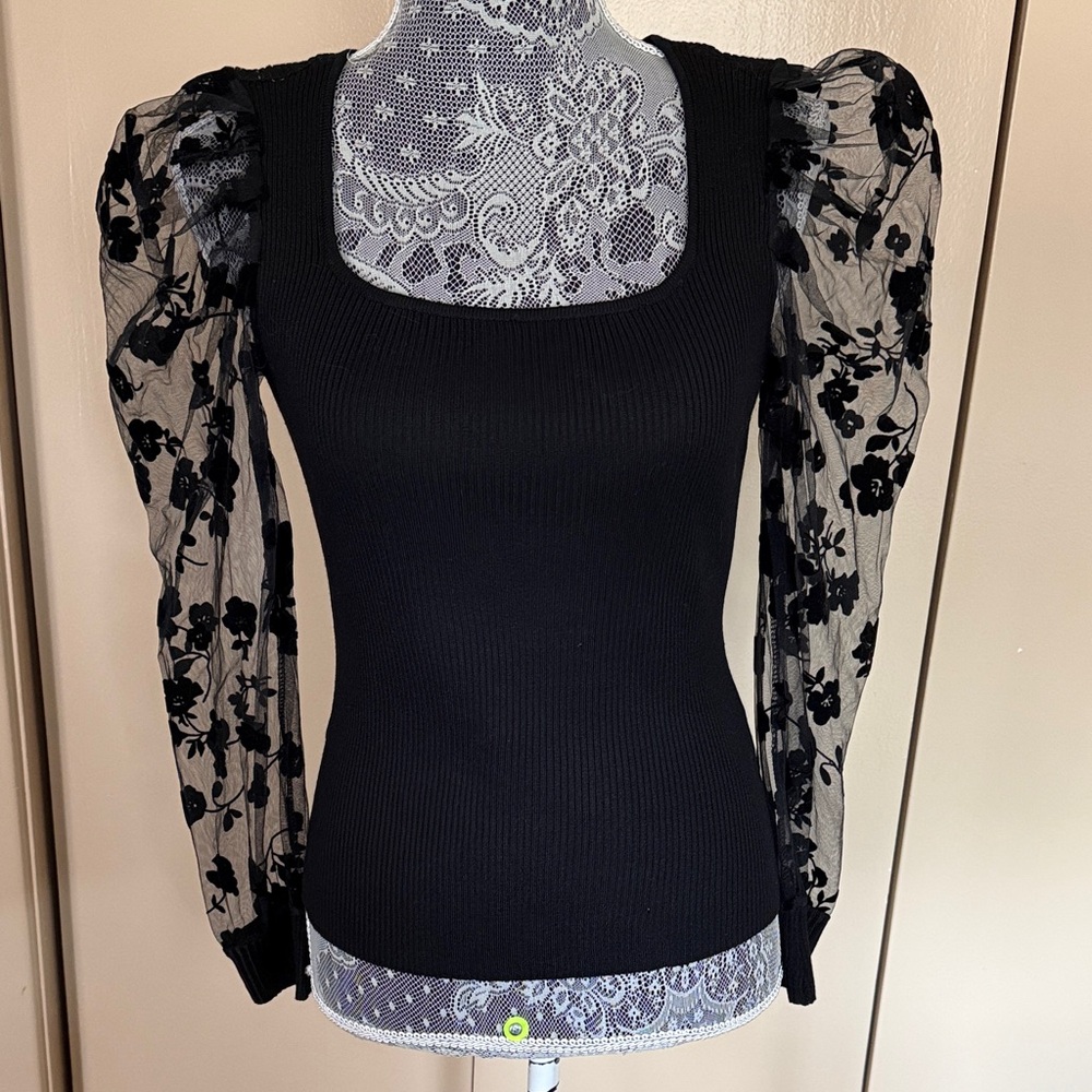 Crave Fame Black Square-Neck Knit Top with Sheer Floral Puff Sleeves
